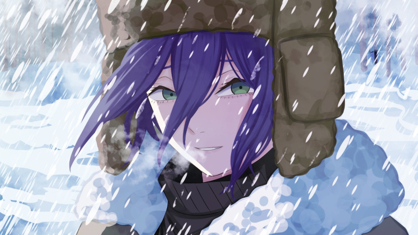 1girl, black_sweater, brown_hat, chainsaw_man, green_eyes, hair_between_eyes, hat, highres, looking_at_viewer, mccheese, outdoors, parted_lips, purple_hair, reze_(chainsaw_man), snow, snowing, solo, sweater, turtleneck, turtleneck_sweater, ushanka