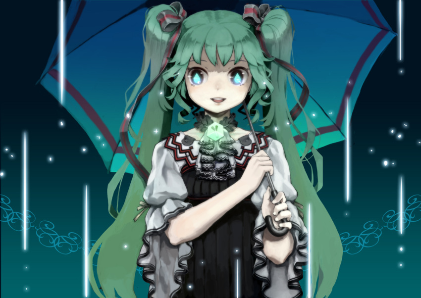 aqua_eyes, asababa_kure, bad_id, green_hair, hair_ribbon, hatsune_miku, long_hair, ribbon