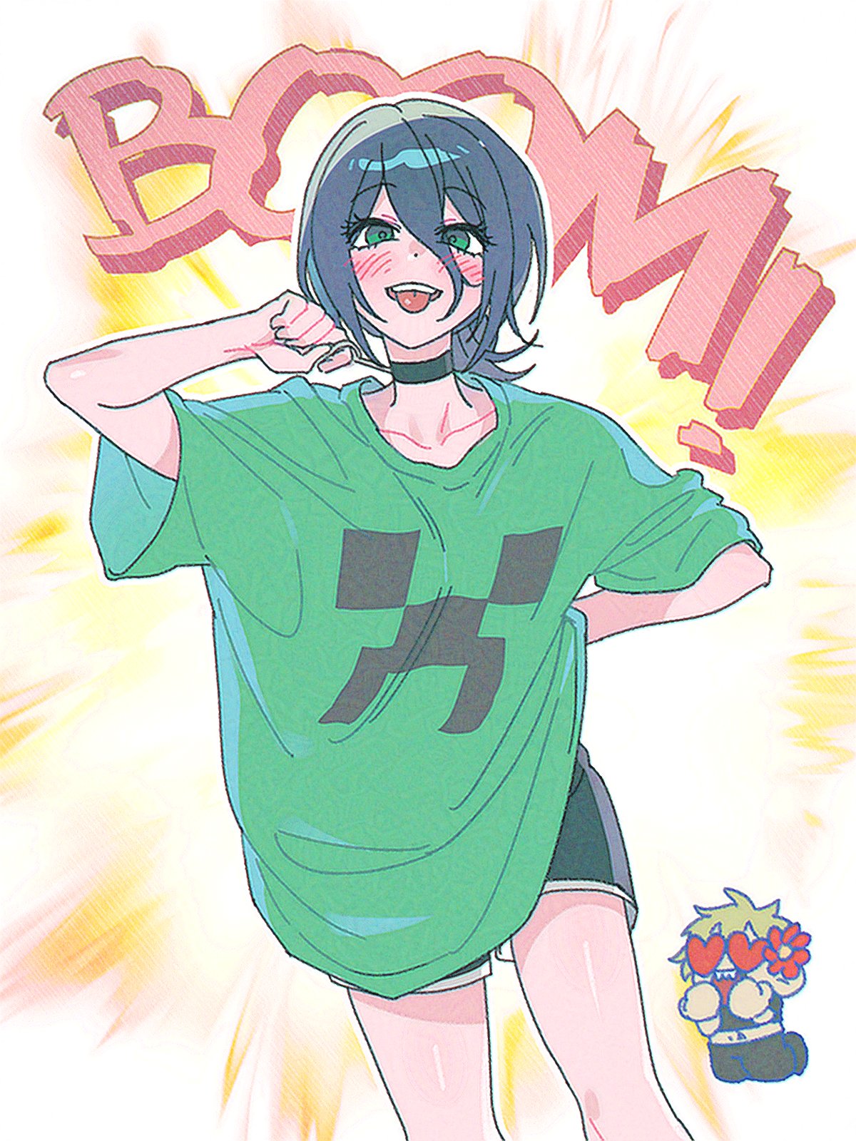 1boy, 1girl, black_choker, black_shorts, blue_hair, chainsaw_man, character_print, choker, creeper, denji_(chainsaw_man), green_eyes, green_shirt, grenade_pin, hair_between_eyes, heart, heart-shaped_eyes, highres, minecraft, murangee, reze_(chainsaw_man), shirt, shorts, tongue, tongue_out