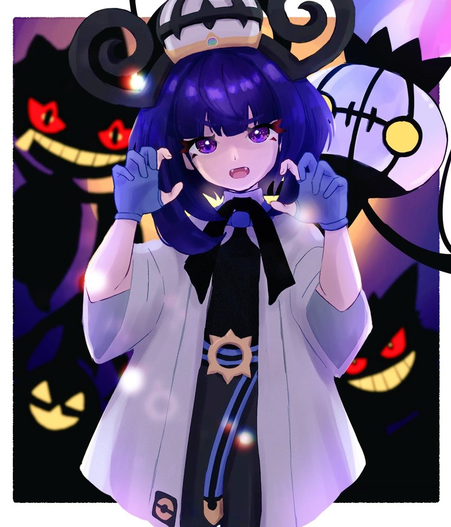 1girl, banette, black_dress, black_hair, blue_gloves, blunt_bangs, bob_cut, chandelure