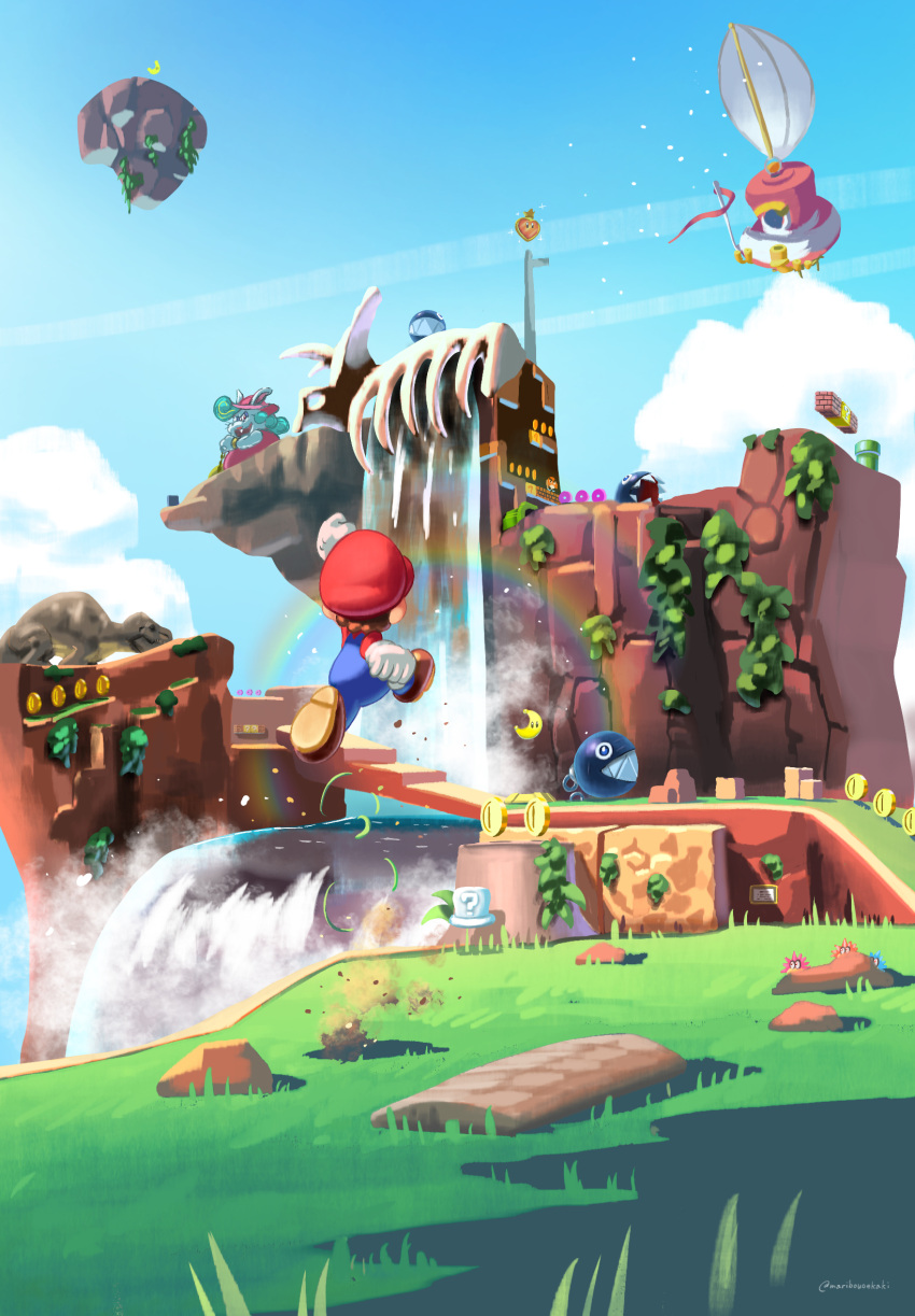 1boy, 1girl, ?_block, aircraft, airship, aqua_hair, arm_up, block_(mario), blue_overalls, brown_hair, burrbo, chain_chomp, clenched_hands, coin, dinosaur, dress, from_behind, full_body, gloves, goomba, grass, hat, highres, in-universe_location, jumping, life-up_heart_(mario), long_sleeves, madame_broode, maribou_(supermaribou), mario, odyssey_(super_mario_odyssey), open_mouth, outdoors, overalls, power_moon, rabbit_girl, rainbow, red_dress, red_hat, red_shirt, red_shoes, rock, sharp_teeth, shirt, shoes, short_hair, sleeping, super_mario_bros., super_mario_odyssey, t-rex_(mario), teeth, twitter_username, tyrannosaurus_rex, warp_pipe, water, waterfall, white_gloves