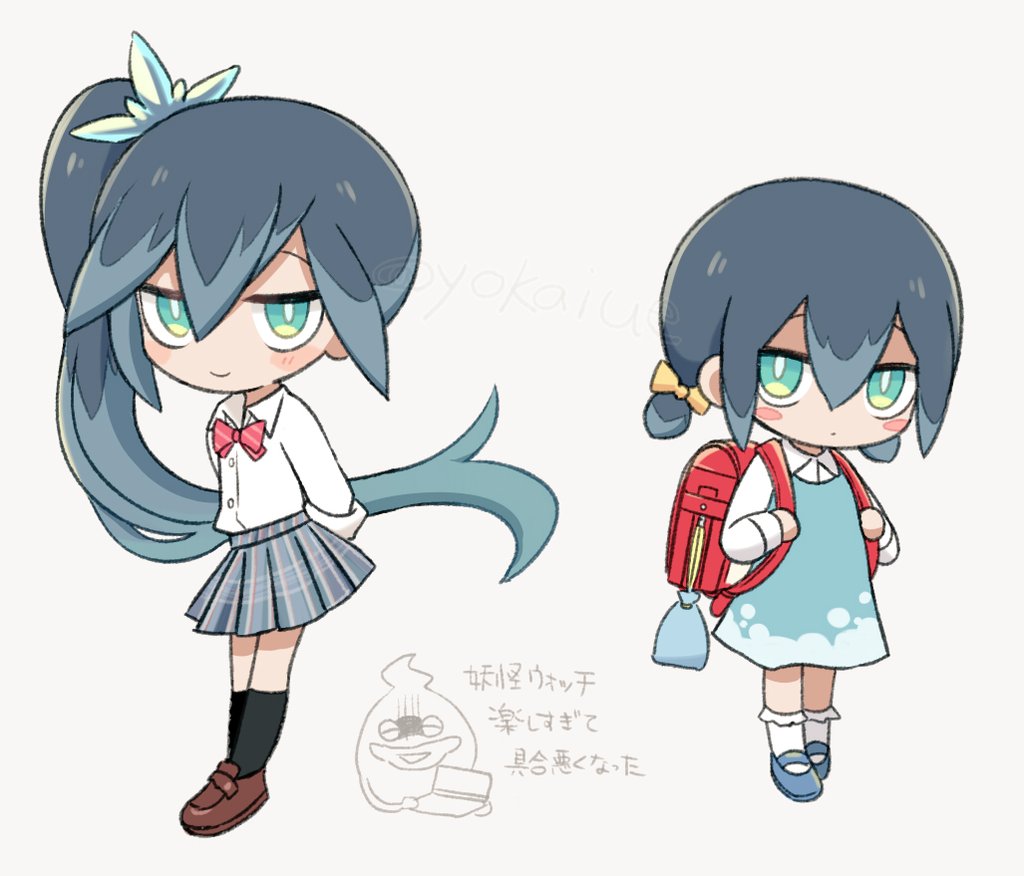 2girls, alternate_costume, backpack, bag, black_socks, blue_dress, blue_eyes, blue_hair