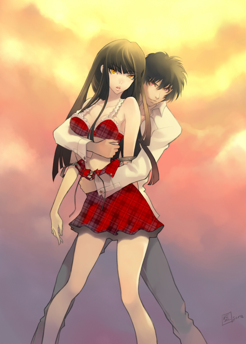 ai[sora], bad_id, black_hair, highres, hug, long_hair, plaid, short_hair