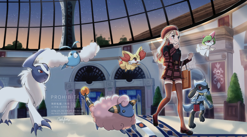 1girl, absol, alternate_color, bag, beret, blonde_hair, brown_bag, brown_eyes, brown_shoes, brown_thighhighs, claws, closed_mouth, commentary_request, eyelashes, fennekin, floating, full_body, hand_on_own_chin, hat, holding, holding_bag, horns, in-universe_location, indoors, long_sleeves, mareep, mocha_fushigi, multicolored_hair, night, night_sky, open_mouth, pink_eyes, plaid_clothes, pokemon, pokemon_(creature), pokemon_legends:_z-a, prism_tower, ralts, red_bag, red_eyes, red_hair, red_hat, riolu, shiny_pokemon, shoes, shopping_bag, signature, single_horn, sky, smile, star_(sky), starry_sky, swablu, thigh-highs, tower, two-tone_hair, watermark