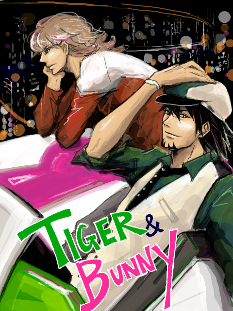 barnaby_brooks_jr, blonde_hair, brown_hair, cabbie_hat, facial_hair, glasses, hat, jacket, kaburagi_t_kotetsu, lcr, male, md5_mismatch, multiple_boys, necktie, red_jacket, stubble, tegaki, tiger_&amp;_bunny, vest