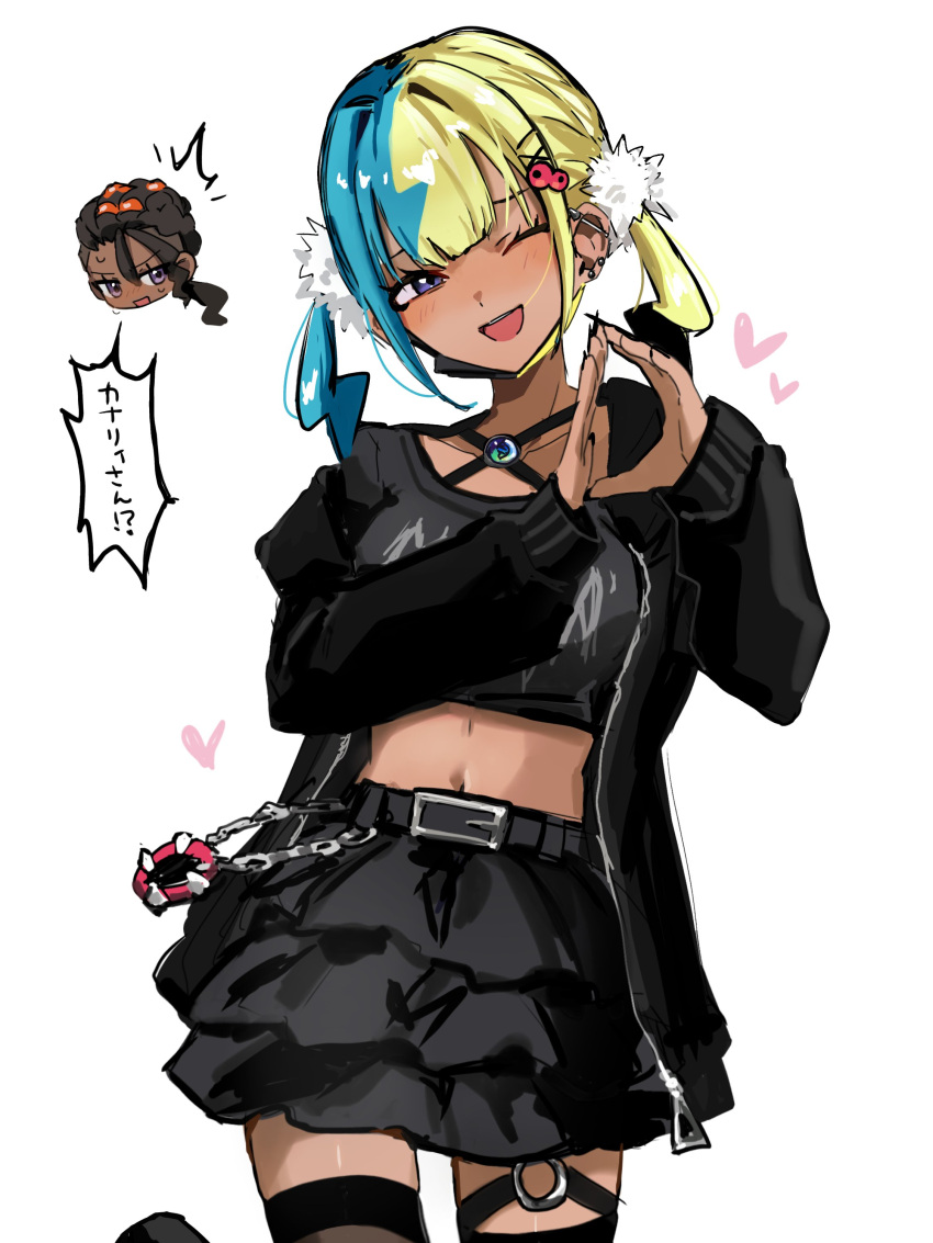 1boy, 1girl, absurdres, aqua_hair, black_hair, black_mask, blonde_hair, blue_eyes