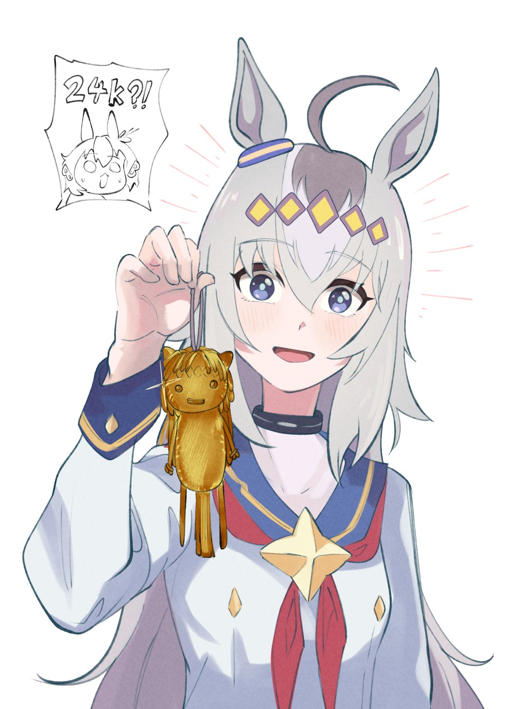 24_karat_gold_labubu_(meme), 2girls, belno_light_(umamusume), blue_eyes, blush, grey_hair, highres, horse_girl, houya_hafu, long_hair, long_sleeves, meme, multiple_girls, oguri_cap_(starlight_beat)_(umamusume), oguri_cap_(umamusume), short_hair, umamusume, umamusume:_cinderella_gray