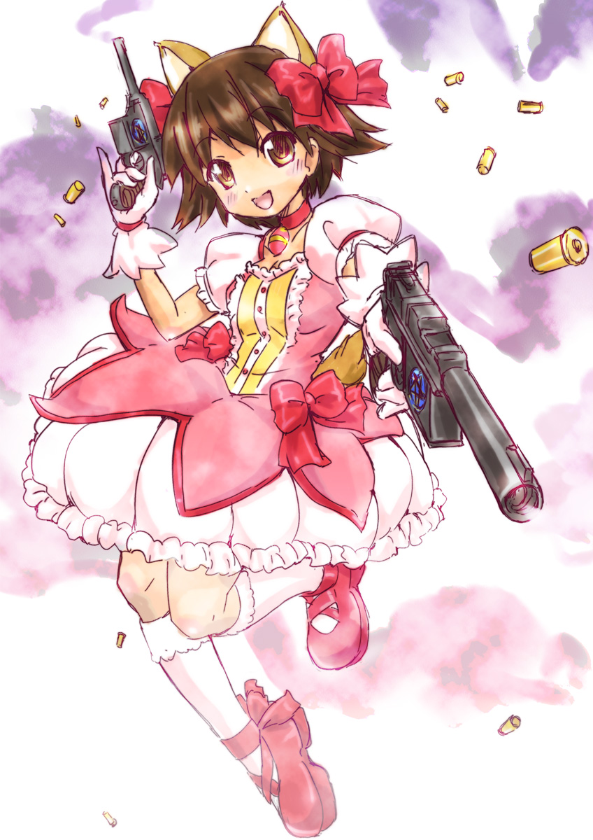 animal_ears, brown_eyes, brown_hair, cosplay, dual_wielding, gun, highres, kaname_madoka, kaname_madoka_(cosplay), magical_girl, mahou_shoujo_madoka_magica, miyafuji_yoshika, niwa_mizuki, pinky_out, ribbon, shell_casing, shoes, short_hair, solo, strike_witches, weapon