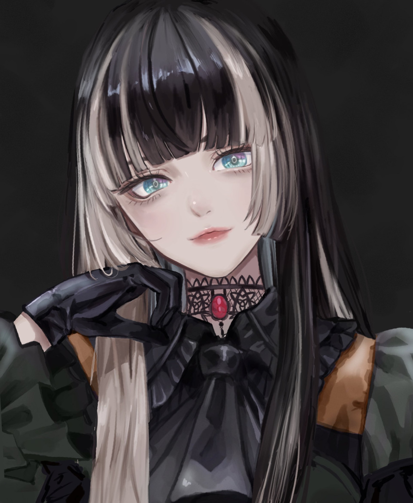 1girl, ascot, black_ascot, black_background, black_choker, black_gloves, black_hair, blonde_hair