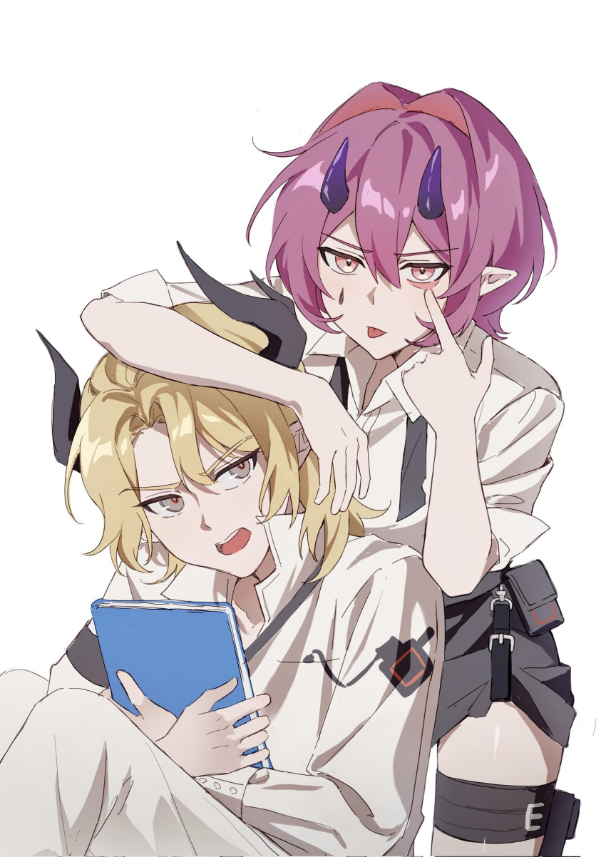 1boy, 1girl, akanbe, amo20839453, arknights, ascalon_(arknights), black_horns, blonde_hair