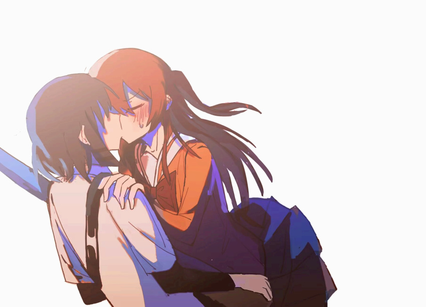 2girls, bass_guitar, blue_hair, blush, bocchi_the_rock!, bow, bowtie, closed_eyes
