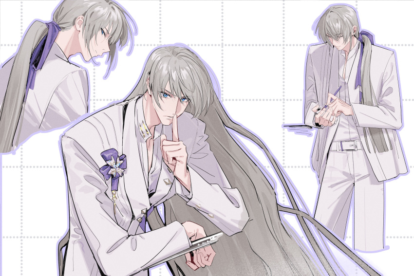 1boy, absurdres, blue_eyes, closed_eyes, collared_shirt, cowboy_shot, cropped_legs, finger_to_mouth, grey_hair, grid_background, hair_between_eyes, hair_over_shoulder, hair_ribbon, highres, jacket, long_hair, love_and_deepspace, male_focus, multiple_views, official_alternate_costume, official_alternate_hair_length, official_alternate_hairstyle, panties, ponytail, purple_ribbon, ribbon, shirt, shiwu, solo, suit_jacket, underwear, upper_body, white_jacket, white_panties, white_shirt, writing, xavier_(love_and_deepspace)