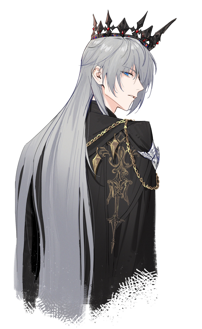 1boy, absurdres, armor, black_armor, black_cloak, blue_eyes, cloak, crown, gem, gold_trim, grey_hair, hair_between_eyes, highres, long_hair, looking_at_viewer, love_and_deepspace, male_focus, official_alternate_costume, official_alternate_hair_length, official_alternate_hairstyle, parted_lips, red_gemstone, shiwu, shoulder_armor, solo, upper_body, white_background, xavier_(love_and_deepspace)