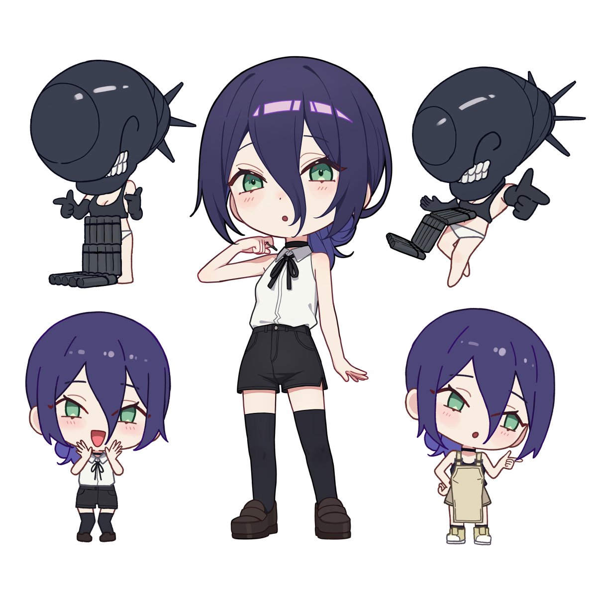 1girl, :d, apron, black_apron, black_shorts, black_thighhighs, bomb_devil_(chainsaw_man), chainsaw_man