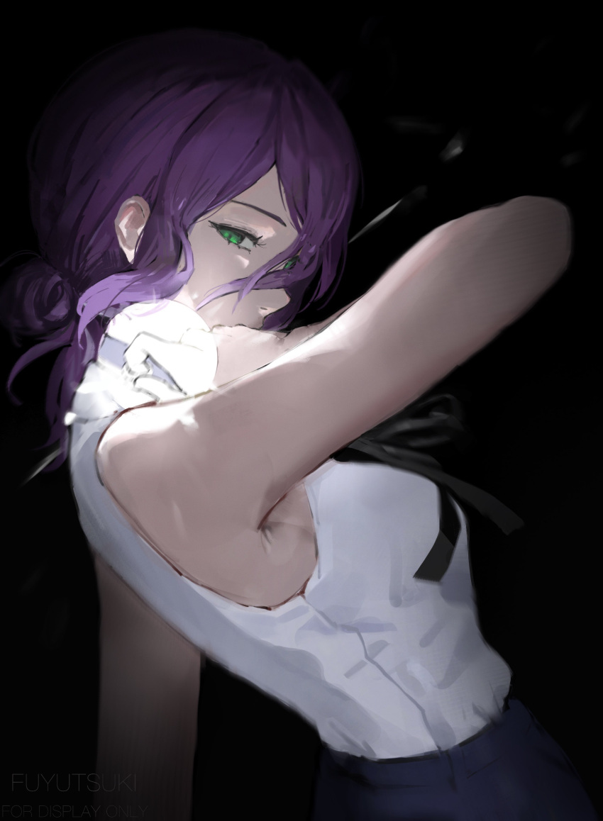 1girl, absurdres, armpit_crease, black_choker, black_ribbon, chainsaw_man, choker, fuyutsuki11, green_eyes, grenade_pin, hair_between_eyes, highres, looking_at_viewer, neck_ribbon, purple_hair, reze_(chainsaw_man), ribbon, shirt, shirt_tucked_in, sleeveless, sleeveless_shirt, white_shirt