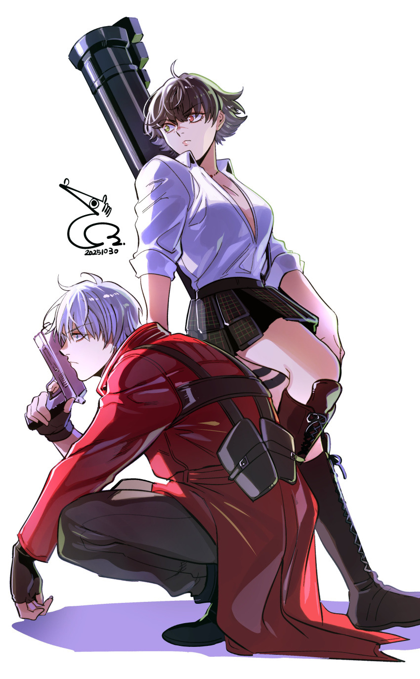 1boy, 1girl, absurdres, baehee5502, black_hair, blue_eyes, boots, coat