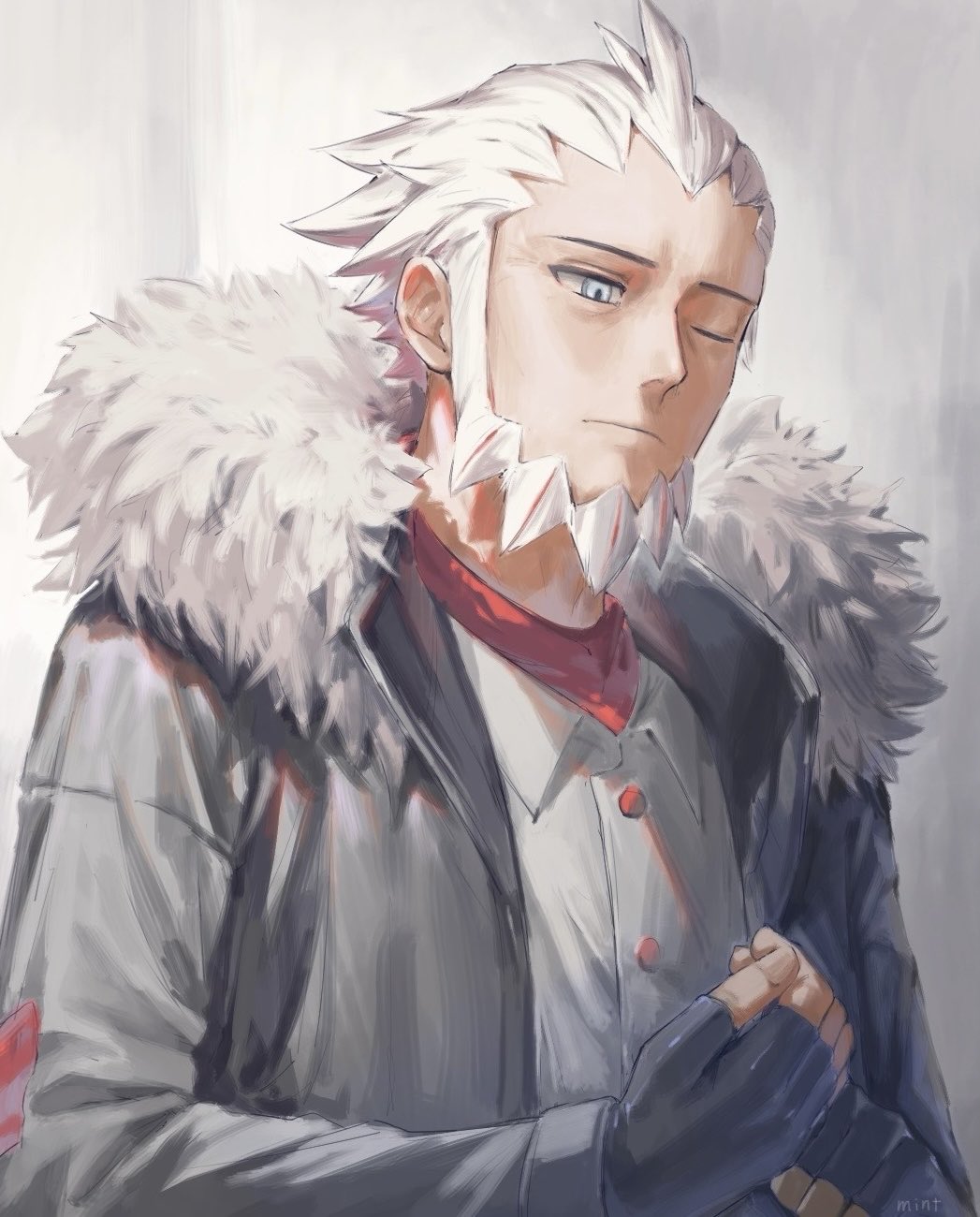1boy, beard, black_gloves, blue_eyes, closed_mouth, facial_hair, fingerless_gloves, fur-trimmed_hood, fur_trim, gloves, grey_jacket, highres, hood, jacket, l_(pokemon), long_sleeves, male_focus, mint_pk, one_eye_closed, pokemon, pokemon_legends:_z-a, shirt, short_hair, simple_background, solo, upper_body, white_hair, white_shirt