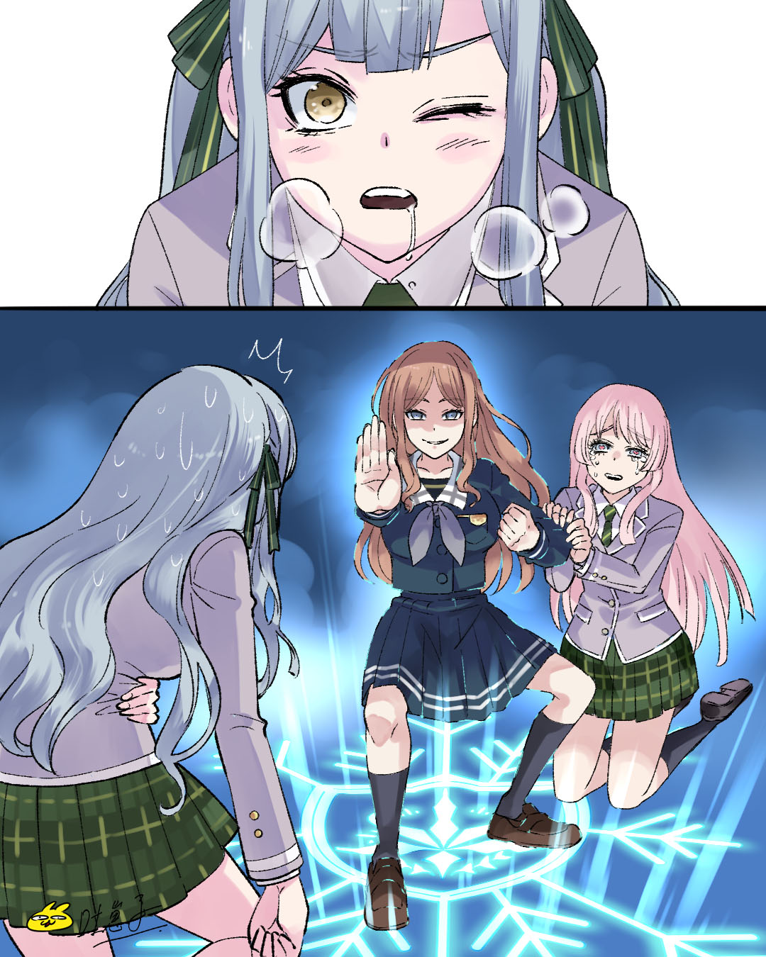 3girls, bang_dream!, bang_dream!_it's_mygo!!!!!, black_shoes, black_socks, blue_hair, blue_shirt, blue_skirt, breasts, brown_hair, chinese_commentary, commentary_request, green_necktie, green_ribbon, green_skirt, grey_jacket, hair_ribbon, haneoka_school_uniform, heart, heart-shaped_pupils, highres, jacket, kimetsu_no_yaiba, kneeling, large_breasts, long_hair, looking_at_another, multiple_girls, nagasaki_soyo, necktie, one_eye_closed, open_mouth, pink_hair, pleated_skirt, ribbon, scene_reference, school_uniform, shirt, shoes, sidelocks, skirt, socks, sweat, symbol-shaped_pupils, togawa_sakiko, tsukinomori_school_uniform, tu_zaizi