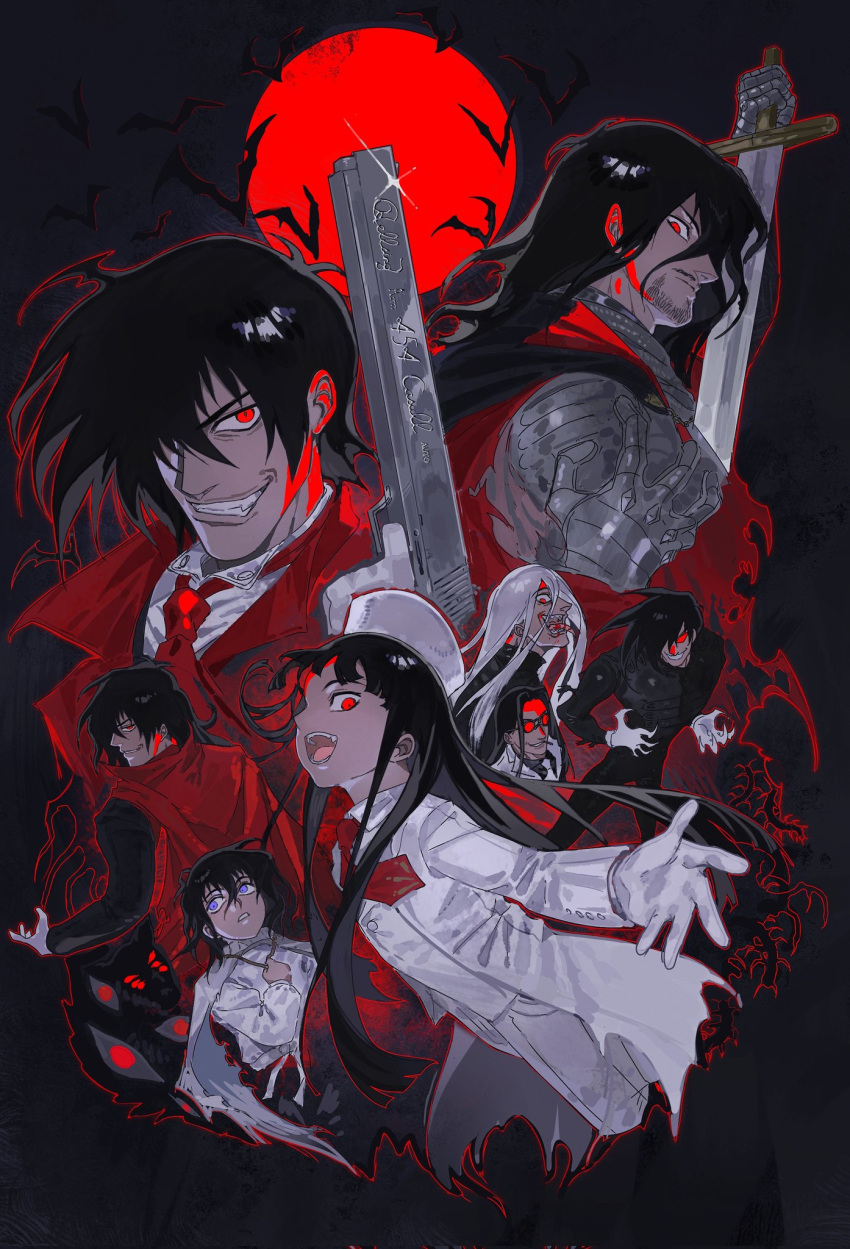 1girl, alucard_(hellsing), armor, beard, black_armor, black_eyeliner, black_hair, blood