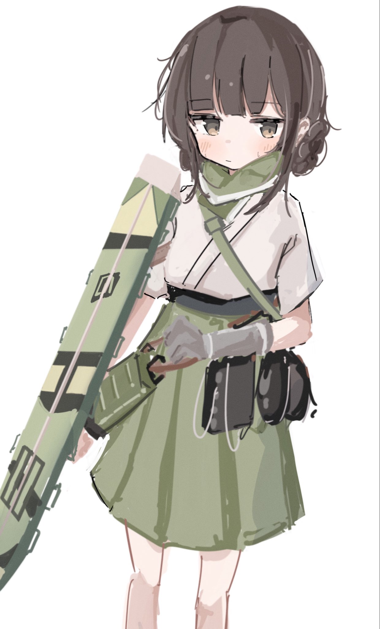 1girl, blush, brown_eyes, brown_hair, closed_mouth, flight_deck, gloves, green_hakama
