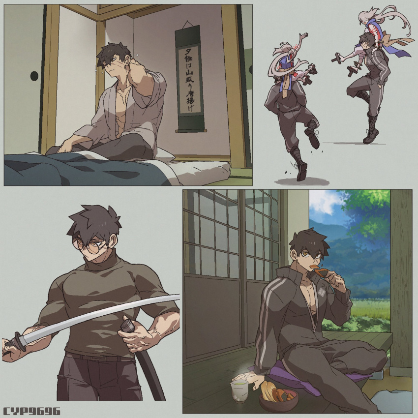 1boy, 2boys, carrying, commentary, cup, cyp1a2, doudanuki_masakuni, eating
