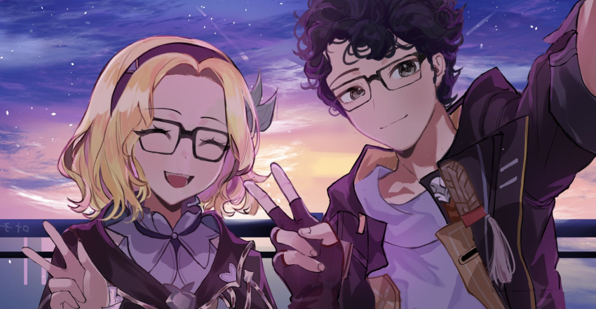 1boy, 1girl, analesa_fisher, artist_name, black_eyes, black_gloves, black_hair, black_jacket, blonde_hair, caelus_(honkai:_star_rail), caelus_(honkai:_star_rail)_(cosplay), caleb_yen, cosplay, derivative_work, fingerless_gloves, firefly_(honkai:_star_rail), firefly_(honkai:_star_rail)_(cosplay), glasses, gloves, hair_ornament, hairband, highres, honkai:_star_rail, honkai_(series), jacket, kanako_(fuwachu), long_sleeves, open_mouth, screenshot_redraw, selfie, shirt, short_hair, signature, sky, smile, star_(sky), starry_sky, sunset, trailblazer_(honkai:_star_rail), v, voice_actor_connection, white_shirt