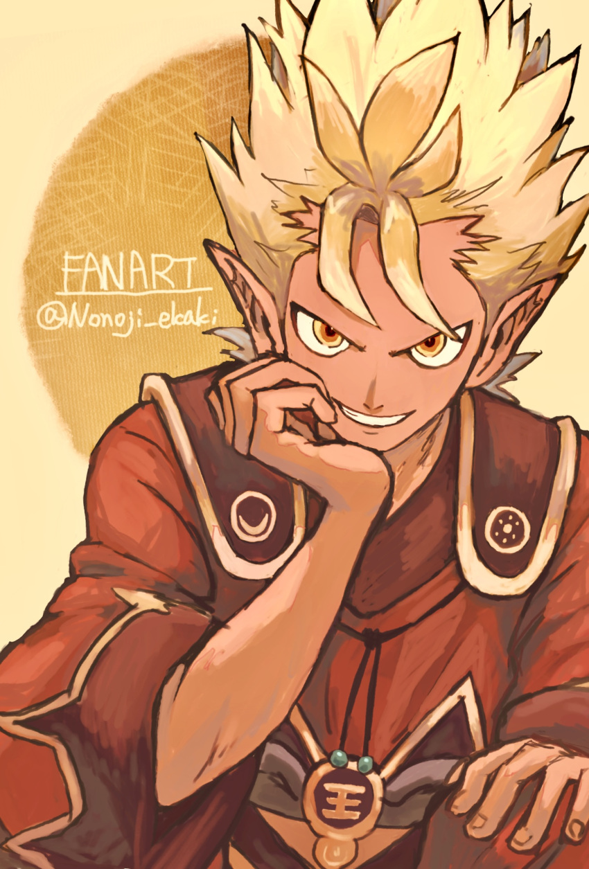 1boy, artist_name, blonde_hair, coat, colored_skin, enma_daiou_(youkai_watch), grin, hand_on_own_chin