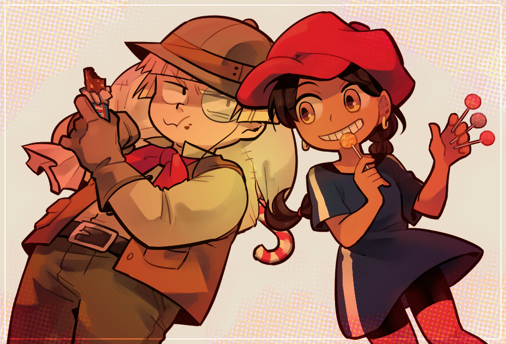 1girl, animification, black_hair, blonde_hair, braid, codename:_kids_next_door, dark-skinned_female, dark_skin, earrings, goggles, hat, jewelry, long_hair, numbuh_2, numbuh_5, open_mouth, shorts, smile, tsunoji