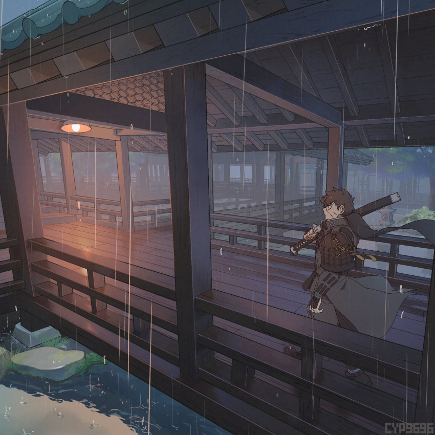 1boy, armor, brown_hair, commentary, cyp1a2, doudanuki_masakuni, highres, holding