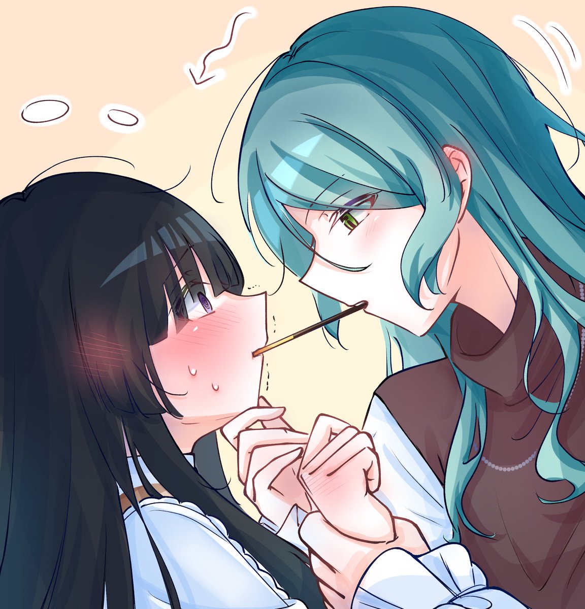 2girls, @_@, aqua_hair, bang_dream!, black_hair, blush, brown_collar, brown_shirt