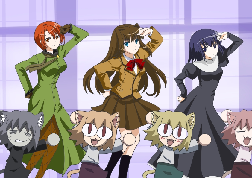 1boy, 6+girls, :3, animal_ears, aozaki_aoko, aozaki_touko, black_dress, black_eyes
