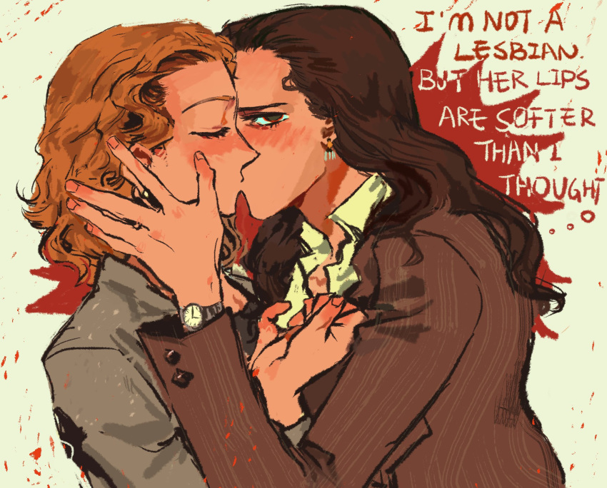 2girls, american_psycho, black_shirt, blush, brown_hair, brown_jacket, closed_eyes, clothes_grab, collarbone, collared_shirt, commentary, curtained_hair, dilated_pupils, earrings, empty_eyes, english_commentary, english_text, fingernails, from_side, genderswap, genderswap_(mtf), grey_jacket, hair_slicked_back, hand_on_another's_head, highres, jacket, jewelry, kiss, long_hair, long_sleeves, looking_up, medium_hair, multiple_girls, nadamxd_0o0, partially_unbuttoned, patrick_bateman, paul_allen_(american_psycho), profile, raised_eyebrows, red_background, red_eyes, shirt, shirt_grab, upper_body, watch, watch, wavy_hair, white_background, white_shirt, yuri