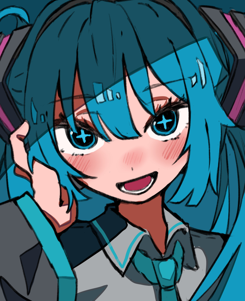 1girl, absurdres, aqua_background, aqua_eyes, aqua_hair, aqua_necktie, auhuheben17, cross-shaped_pupils