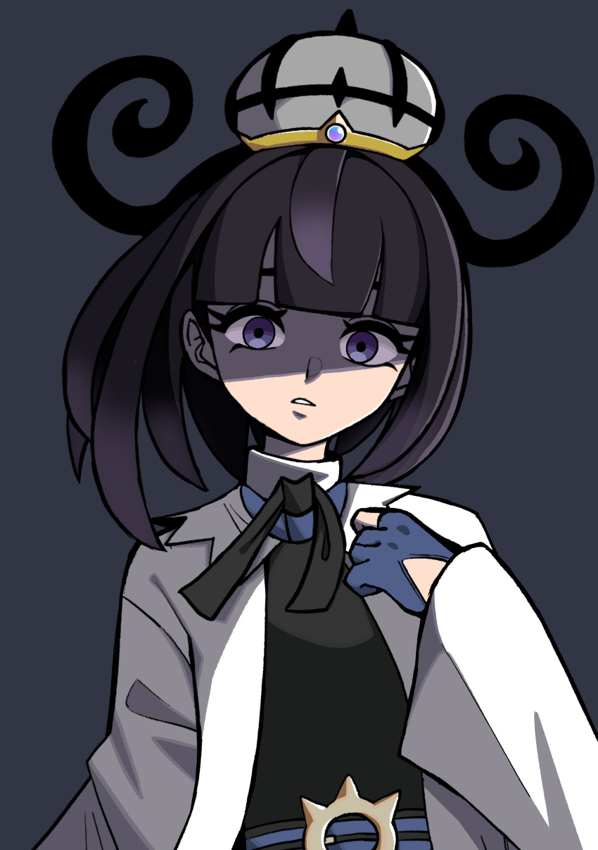 1girl, absurdres, black_dress, black_hair, blue_gloves, blunt_bangs, bob_cut, coat