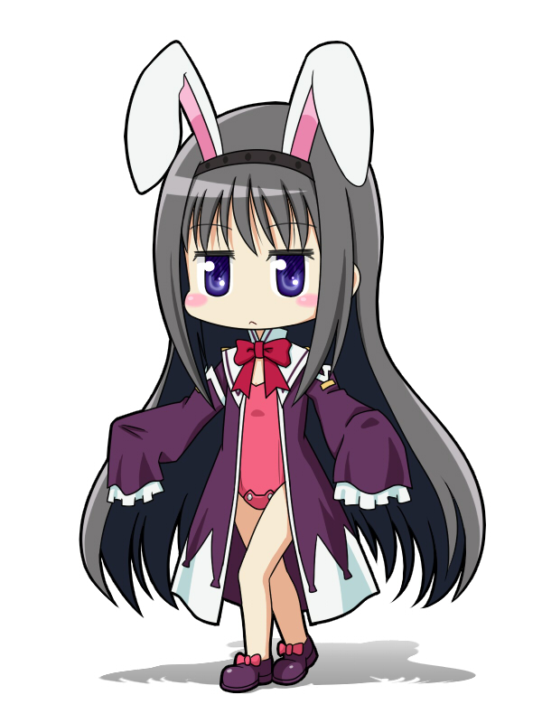 :<, akemi_homura, animal_ears, bare_legs, black_hair, blush_stickers, bunny_ears, bunnysuit