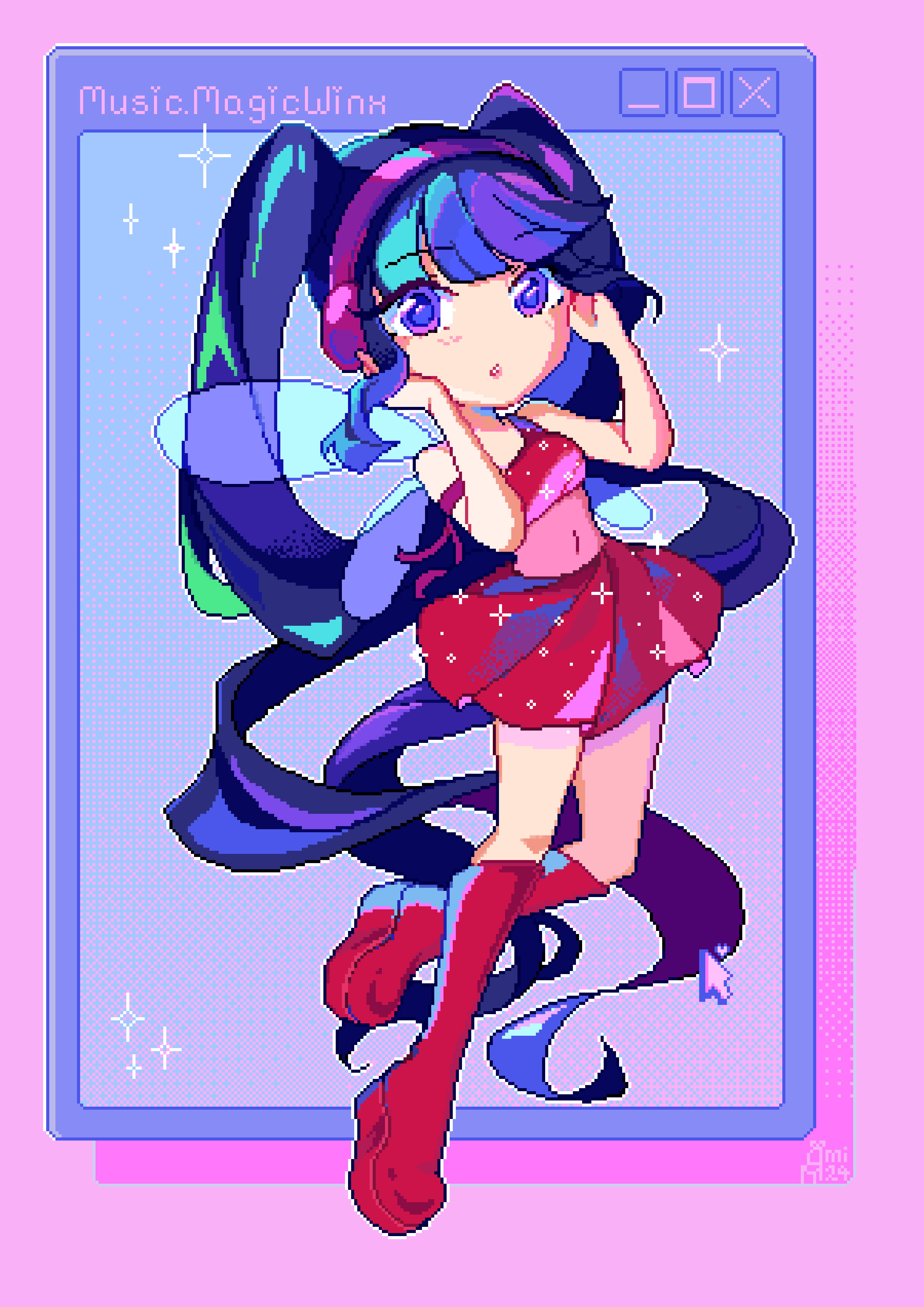 1girl, absurdly_long_hair, absurdres, arm_ribbon, bare_arms, bare_shoulders, blue_hair, blue_wings, blunt_bangs, boots, character_name, circle_skirt, commentary, covered_mouth, crop_top, curious, cursor, english_commentary, fairy, fairy_wings, floating, full_body, glitter, hands_on_headphones, headphones, highres, knee_boots, knees, leotard, leotard_under_clothes, lips, long_hair, magical_girl, mimichair, miniskirt, musa_(winx_club), outline, parted_lips, pink_background, pink_leotard, pink_lips, pixel_art, platform_boots, pleated_skirt, purple_ribbon, red_boots, red_shirt, red_skirt, ribbon, shirt, single_strap, skirt, skirt_set, sleeveless, sleeveless_shirt, solo, sparkle, transparent_wings, twintails, very_long_hair, violet_eyes, wavy_hair, white_outline, window_(computing), wings, winx_club