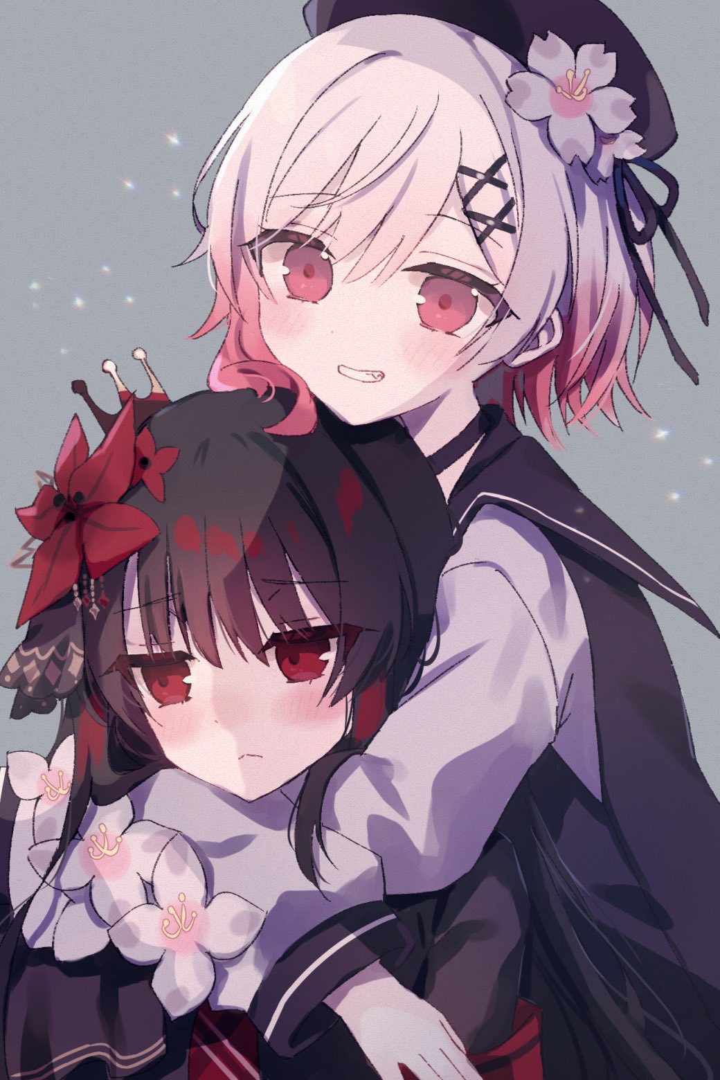 2girls, beret, black_hair, black_hat, cherry_blossoms, commentary_request, crown, fang