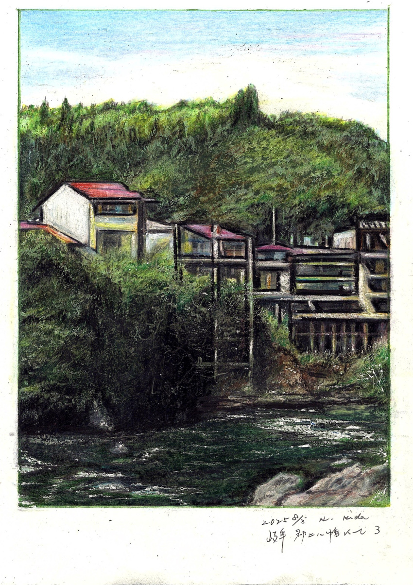 absurdres, baden_hiroshi, blue_sky, border, building, colored_pencil_(medium), commentary_request, dated