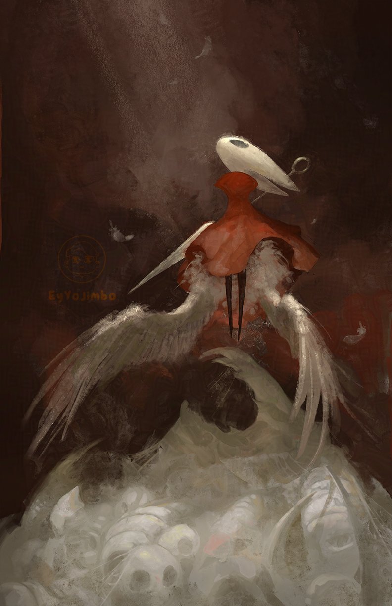 artist_name, bad_link, black_eyes, brown_background, cloak, eyyojimbo, feathers, flying