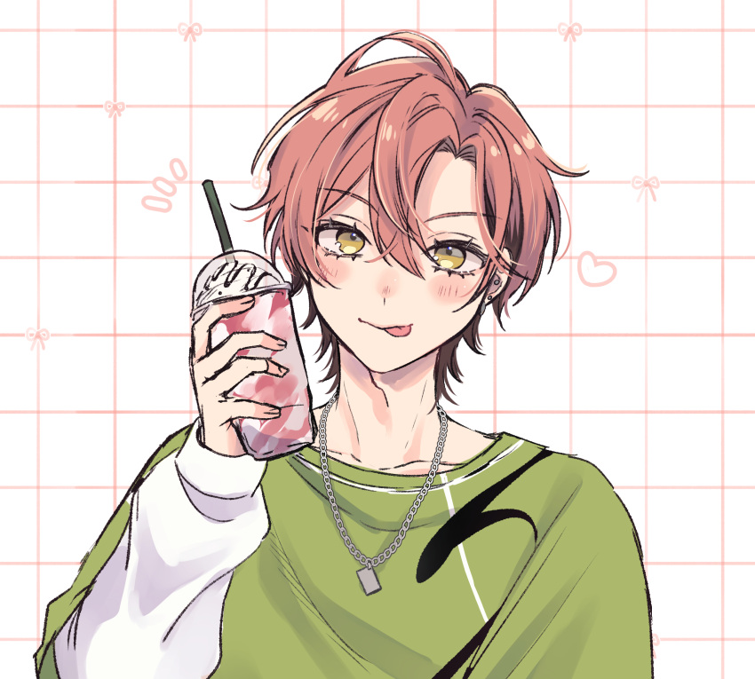 1boy, :p, absurdres, cup, disposable_cup, drinking_straw, ear_piercing, ensemble_stars!, fingernails, grid_background, hair_between_eyes, hand_up, hashtag-only_commentary, heart, highres, holding, holding_cup, jewelry, kuon_mashu, long_sleeves, looking_at_viewer, male_focus, necklace, notice_lines, piercing, pink_hair, samui_(xgk0oa), short_hair, solo, tongue, tongue_out, upper_body, yellow_eyes
