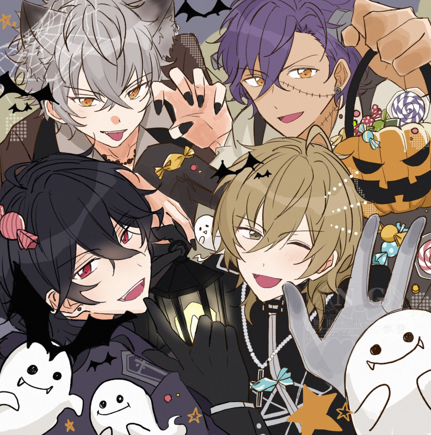 4boys, ahoge, animal_ears, anritti, basket, bat_(animal), black_gloves, black_nails