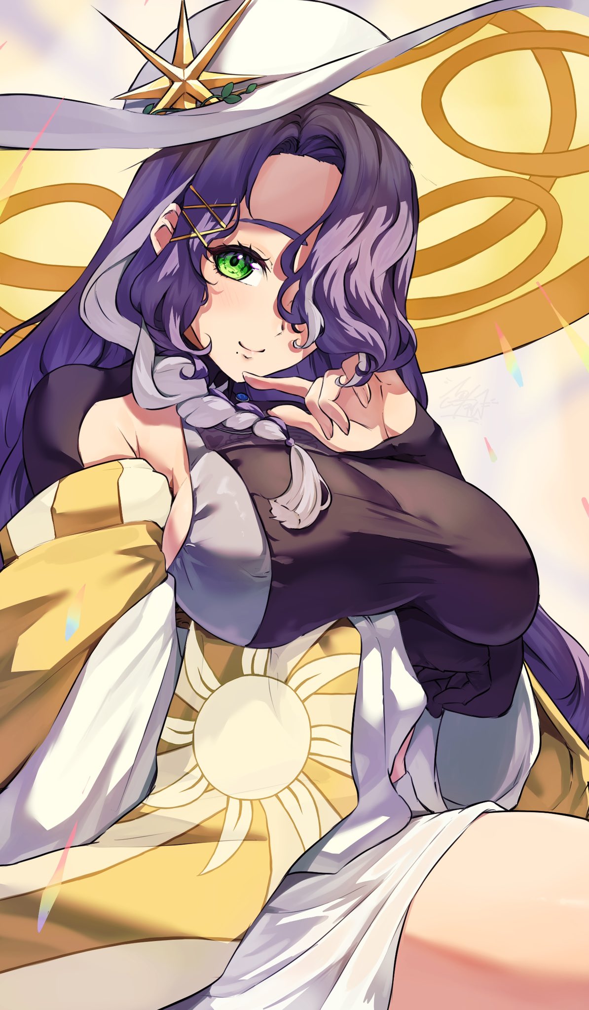 1girl, braid, breasts, eyelashes, green_eyes, hair_ornament, hair_over_eyes, hat, highres, huge_breasts, kuronyan9630, largamente_(monster_strike), long_hair, mole, mole_under_mouth, monster_strike, purple_hair, sideboob, simple_background, sitting, solo, thick_thighs, thighs