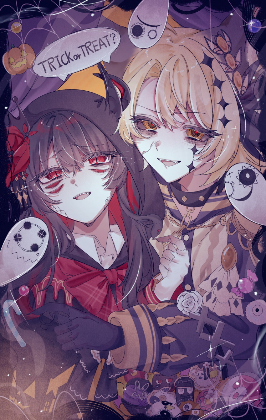 2girls, black_dress, black_hair, blonde_hair, chain, choker, dress, english_text