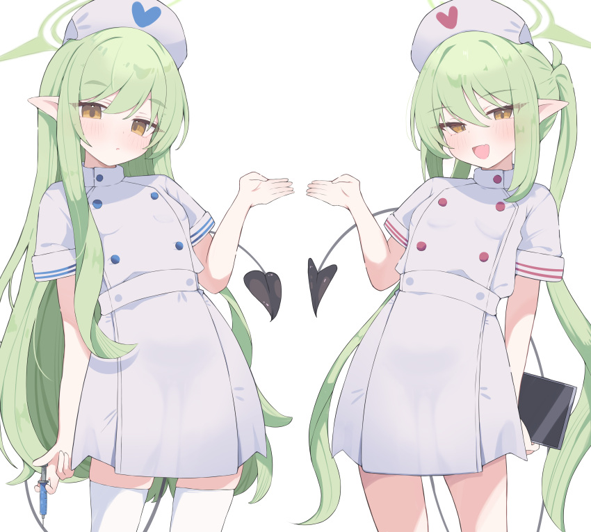 2girls, :d, :o, absurdres, black_tail, blue_archive, brown_eyes, cowboy_shot, demon_girl, demon_tail, dress, green_hair, green_halo, halo, hat, highres, hikari_(blue_archive), holding, holding_syringe, long_hair, looking_at_viewer, multiple_girls, nozomi_(blue_archive), nui_(nuinui0300), nurse, nurse_cap, open_mouth, pointy_ears, short_sleeves, siblings, simple_background, sisters, smile, syringe, tail, thigh-highs, translation_request, twins, twintails, very_long_hair, white_background, white_dress, white_thighhighs