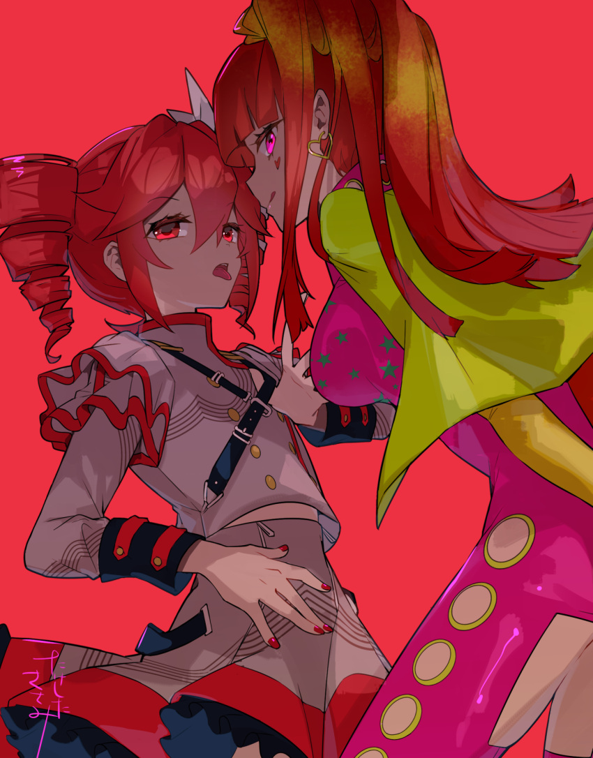 2girls, blunt_bangs, bow, buttons, cowboy_shot, crossover, drill_hair, earrings