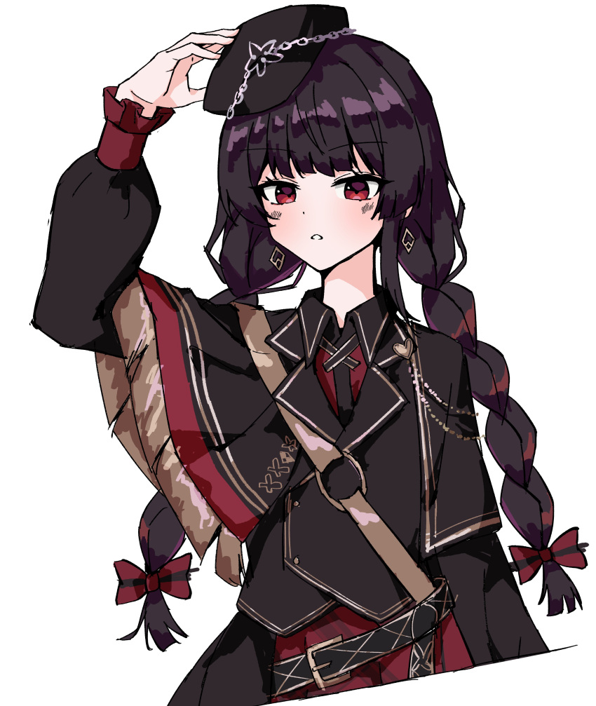 1girl, absurdres, arm_up, black_capelet, black_hair, black_hat, black_jacket, black_skirt