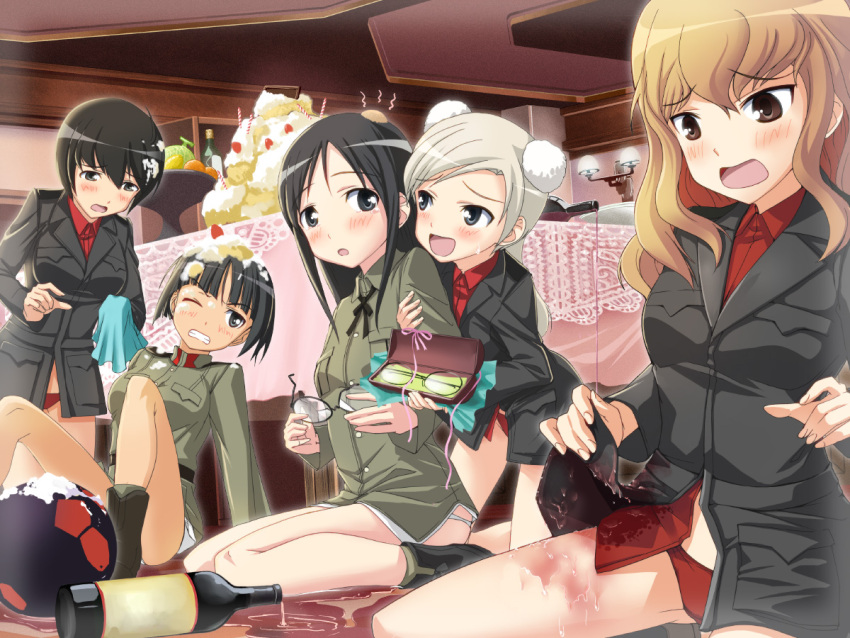 black_eyes, black_hair, blonde_hair, blue_eyes, blush, bob_cut, boots, broken_glasses