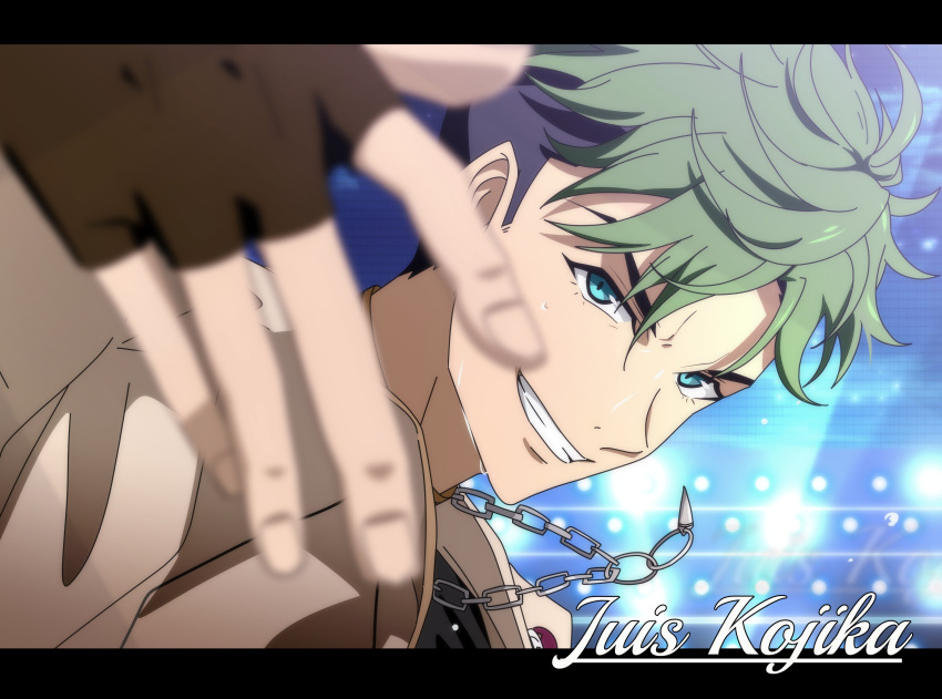 1boy, blue_eyes, brown_gloves, chain, chain_necklace, character_name, clenched_teeth, commentary, ensemble_stars!, fingerless_gloves, fingernails, gloves, green_hair, hand_up, highres, jewelry, kojika_juis, letterboxed, looking_at_viewer, male_focus, necklace, nekopayao_(alka_prrn), short_hair, smile, solo, teeth, undercut, upper_body, very_short_hair