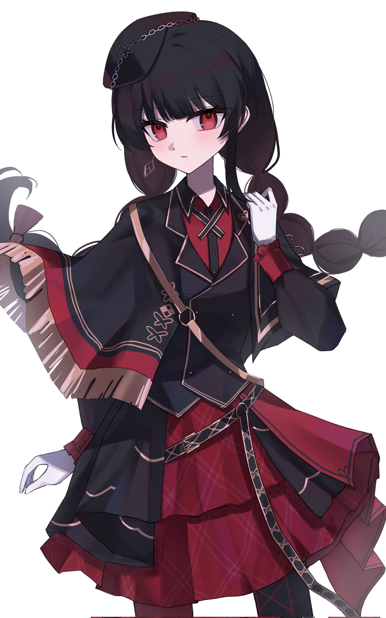 1girl, black_capelet, black_hair, black_jacket, blunt_bangs, braid, capelet, closed_mouth