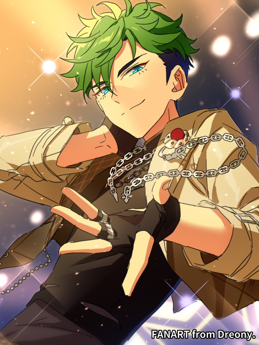 1boy, artist_name, black_gloves, black_shirt, blue_eyes, brown_jacket, chain, closed_mouth